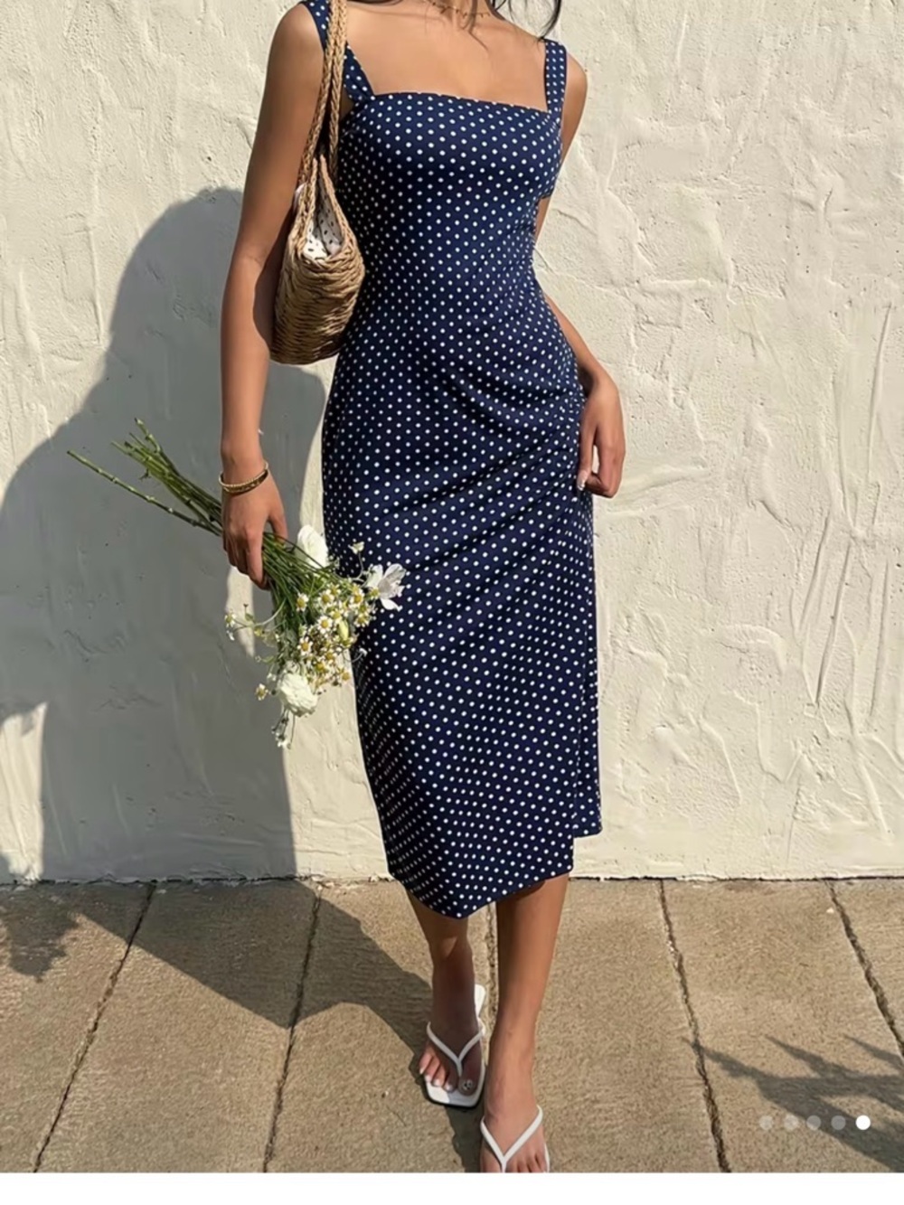 Navy Polka Dot Midi Dress with Square Neck - Picture 6 of 6